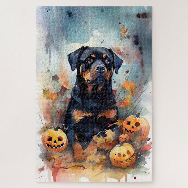 Halloween Rottweiler With Pumpkins Scary Jigsaw Puzzle (Vertical)