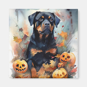 Halloween Rottweiler With Pumpkins Scary Magnet