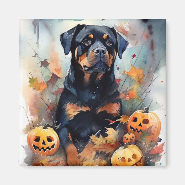 Halloween Rottweiler With Pumpkins Scary Magnet (Front)