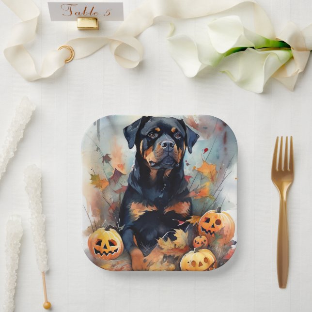 Halloween Rottweiler With Pumpkins Scary Paper Plate (Wedding)
