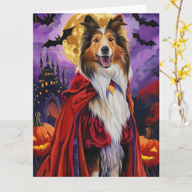 Halloween Rough Collie Vampire Pumpkins Scary Card (Yellow Flower)