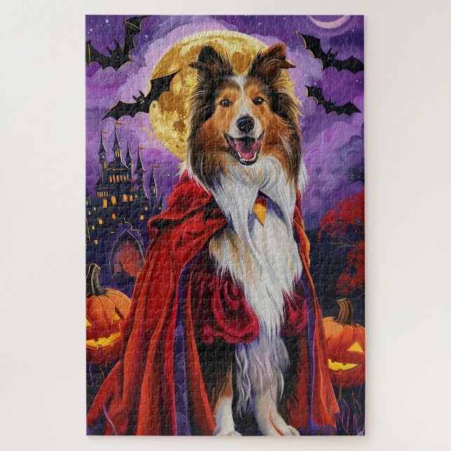 Halloween Rough Collie Vampire Pumpkins Scary Jigsaw Puzzle (Vertical)