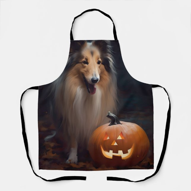 Halloween Rough Collie With Pumpkins Scary Apron (Front)
