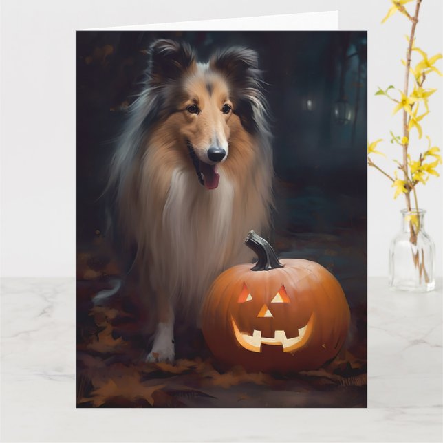 Halloween Rough Collie With Pumpkins Scary Card (Yellow Flower)