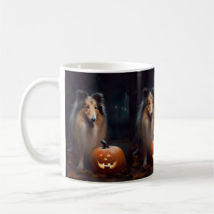 Halloween Rough Collie With Pumpkins Scary Coffee Mug
