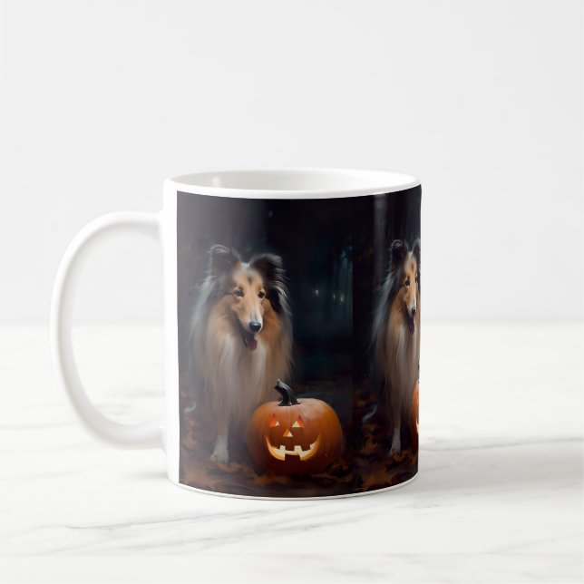 Halloween Rough Collie With Pumpkins Scary Coffee Mug (Left)