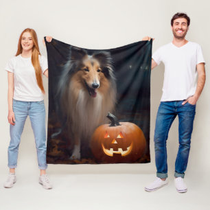 Halloween Rough Collie With Pumpkins Scary Fleece Blanket