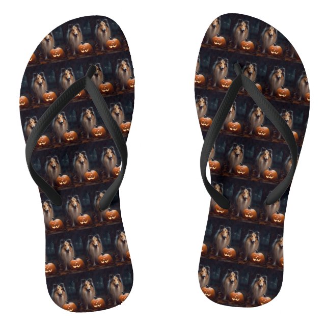 Halloween Rough Collie With Pumpkins Scary Flip Flops (Footbed)