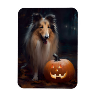 Halloween Rough Collie With Pumpkins Scary Magnet