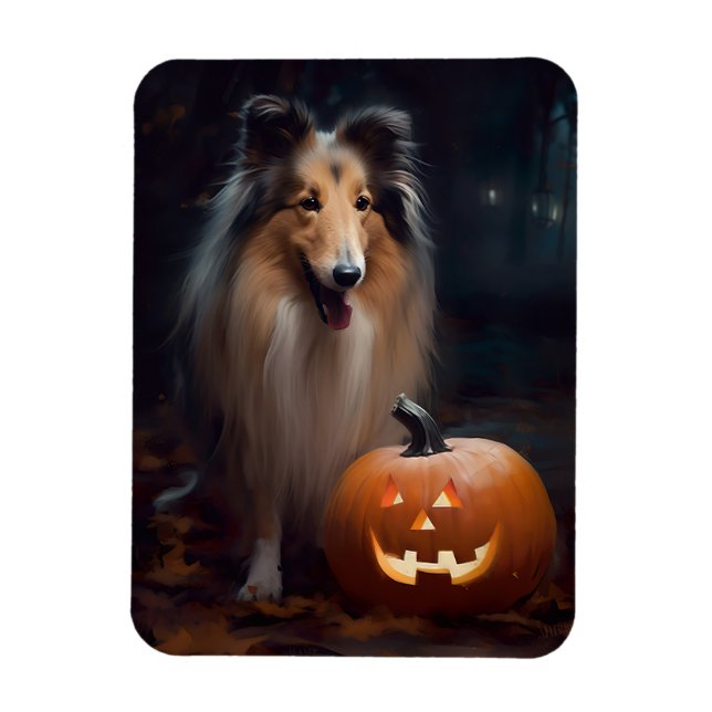 Halloween Rough Collie With Pumpkins Scary Magnet (Vertical)