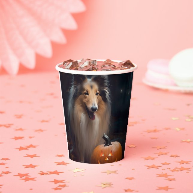 Halloween Rough Collie With Pumpkins Scary Paper Cups (Insitu)