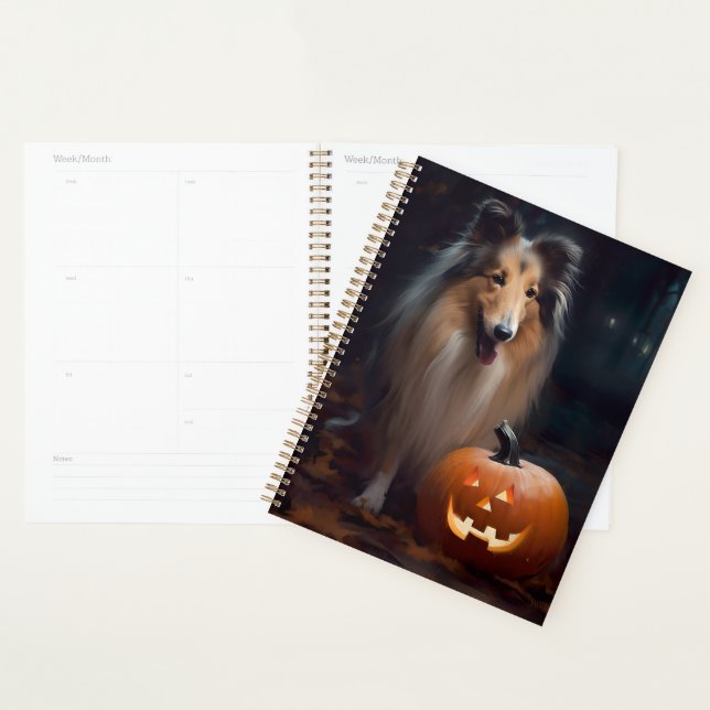 Halloween Rough Collie With Pumpkins Scary Planner (Display)