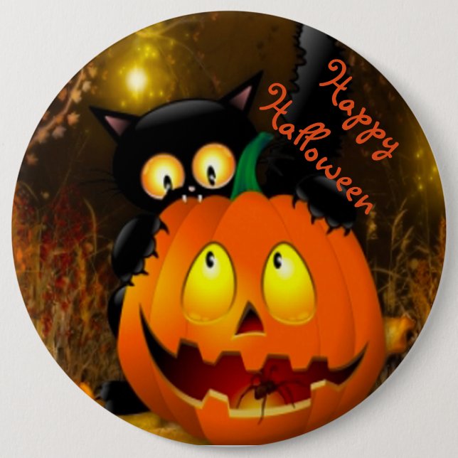 Halloween Round Button/Black Cat and Pumpkin 6 Cm Round Badge (Front)