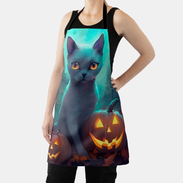 Halloween Russian Blue Cat With Pumpkins Scary Apron (Insitu)