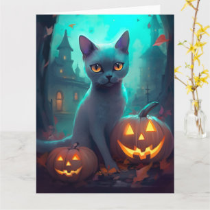 Halloween Russian Blue Cat With Pumpkins Scary Card
