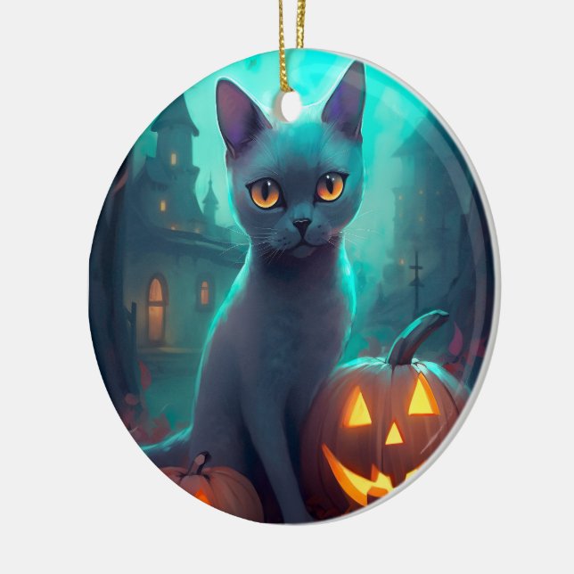 Halloween Russian Blue Cat With Pumpkins Scary Ceramic Tree Decoration (Left)