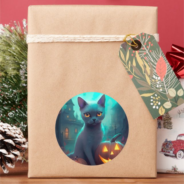 Halloween Russian Blue Cat With Pumpkins Scary Classic Round Sticker (Holiday)