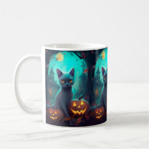 Halloween Russian Blue Cat With Pumpkins Scary Coffee Mug