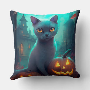 Halloween Russian Blue Cat With Pumpkins Scary Cushion