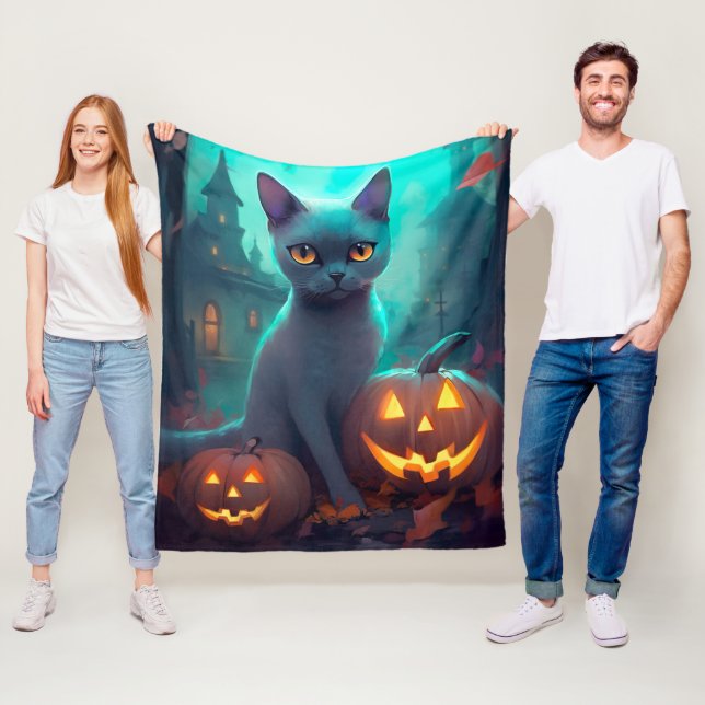 Halloween Russian Blue Cat With Pumpkins Scary Fleece Blanket (In Situ)