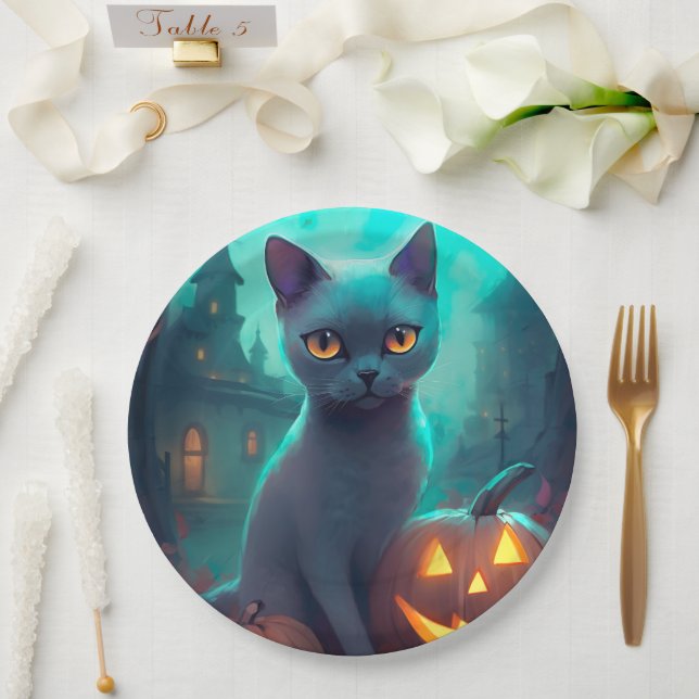 Halloween Russian Blue Cat With Pumpkins Scary Paper Plate (Wedding)