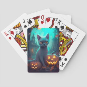 Halloween Russian Blue Cat With Pumpkins Scary Playing Cards