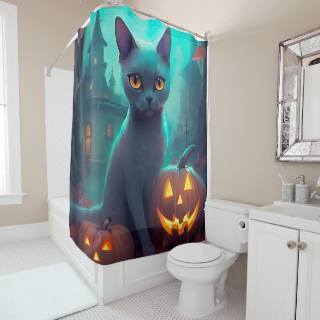 Halloween Russian Blue Cat With Pumpkins Scary Shower Curtain (In Situ)