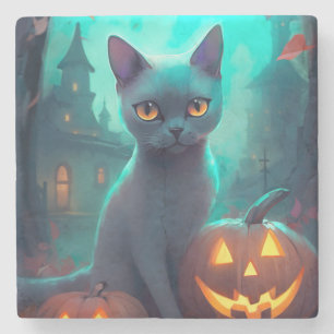 Halloween Russian Blue Cat With Pumpkins Scary Stone Coaster