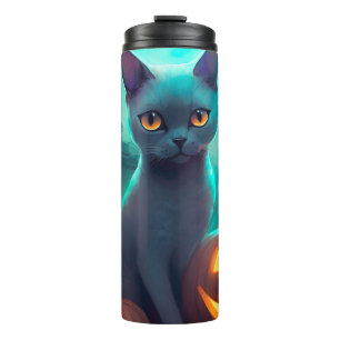 Halloween Russian Blue Cat With Pumpkins Scary Thermal Tumbler