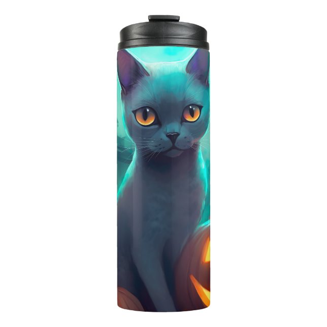 Halloween Russian Blue Cat With Pumpkins Scary Thermal Tumbler (Front)