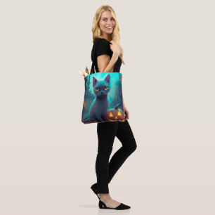 Halloween Russian Blue Cat With Pumpkins Scary Tote Bag
