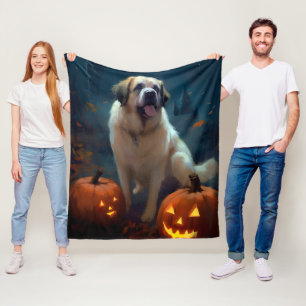 Halloween Saint Bernard With Pumpkins Scary Fleece Blanket