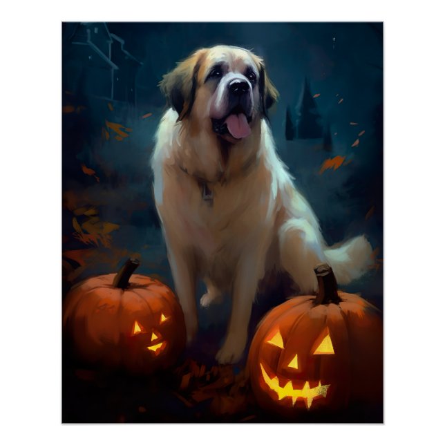 Halloween Saint Bernard With Pumpkins Scary  Poster (Front)