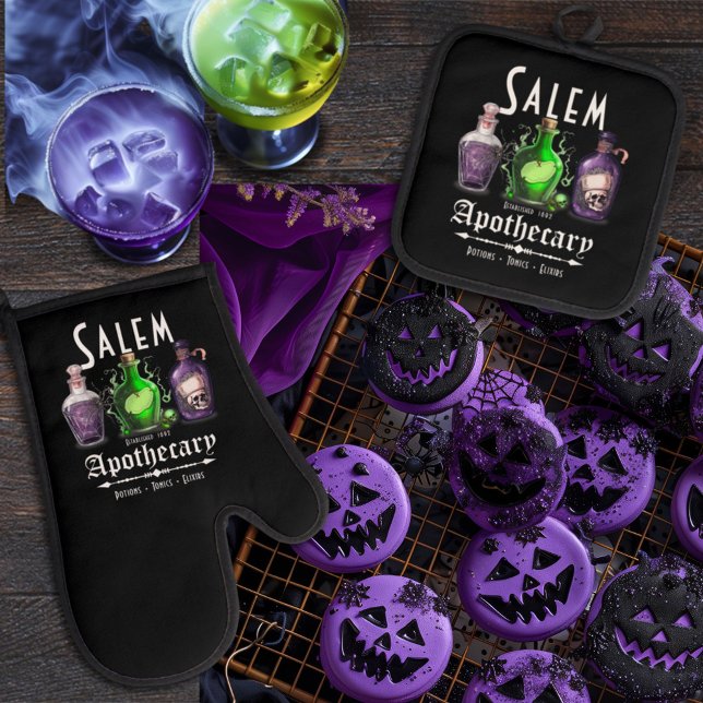 Halloween Salem Apothecary Potions Tonics Elixirs Oven Mitt & Pot Holder Set (Creator Uploaded)
