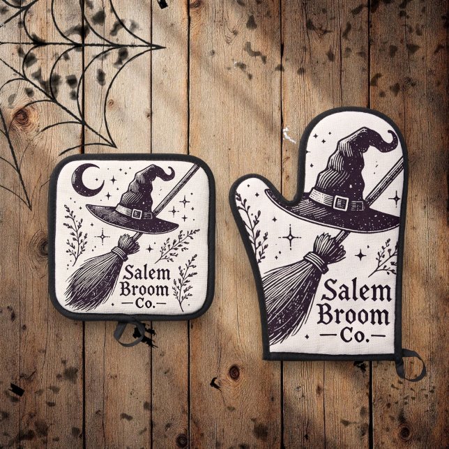 Halloween Salem Witch Broomstick Oven Mitt & Pot Holder Set (Creator Uploaded)