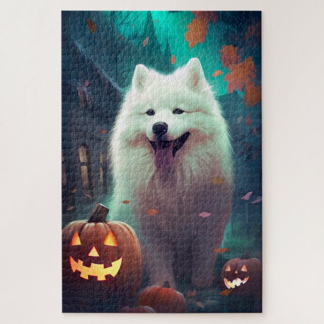 Halloween Samoyed With Pumpkins Scary Jigsaw Puzzle (Vertical)