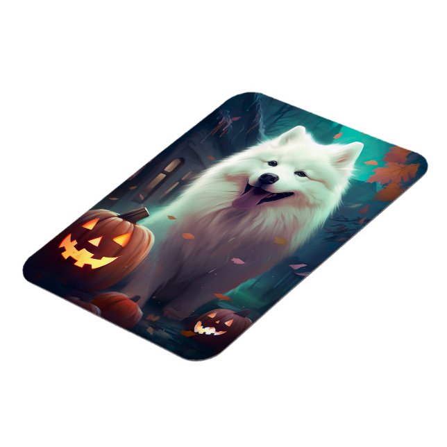 Halloween Samoyed With Pumpkins Scary Magnet (Left Side)
