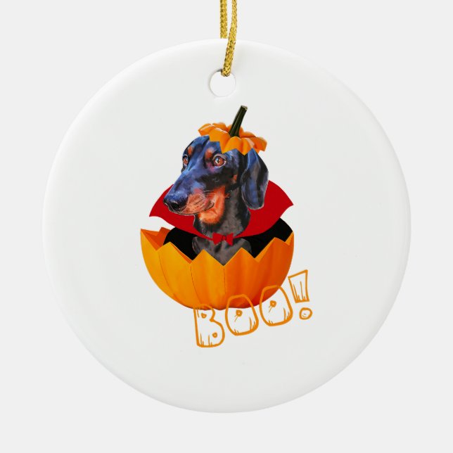 Halloween Sausage Dog Boo Pumpkin Dachshund Ceramic Tree Decoration (Front)