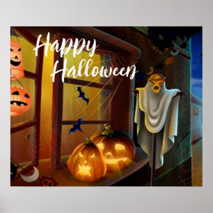 Halloween Scarecrow, Bats and Pumpkins Poster