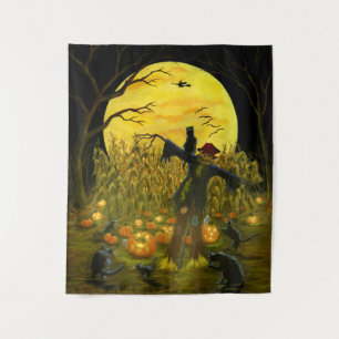 Halloween scarecrow in a spooky cornfield tapestry