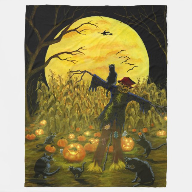 Halloween scarecrow in cornfield/pumpkin patch fleece blanket (Front)