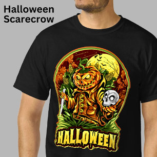 Halloween Scarecrow Skull Pumpkin Head Knife Bats T-Shirt