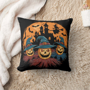 Halloween scarecrow trio in a spooky backdrop cushion