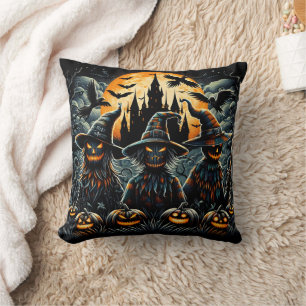 Halloween scarecrow trio in spooky moonlight cushion
