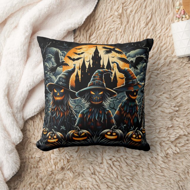 Halloween scarecrow trio in spooky moonlight cushion (Blanket)