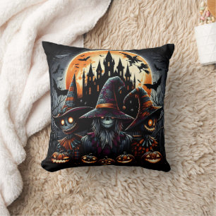 Halloween scarecrow trio under a full moon cushion
