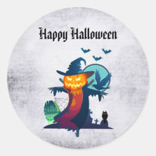 Halloween Scarecrow With Bats Crow And Owl Classic Round Sticker