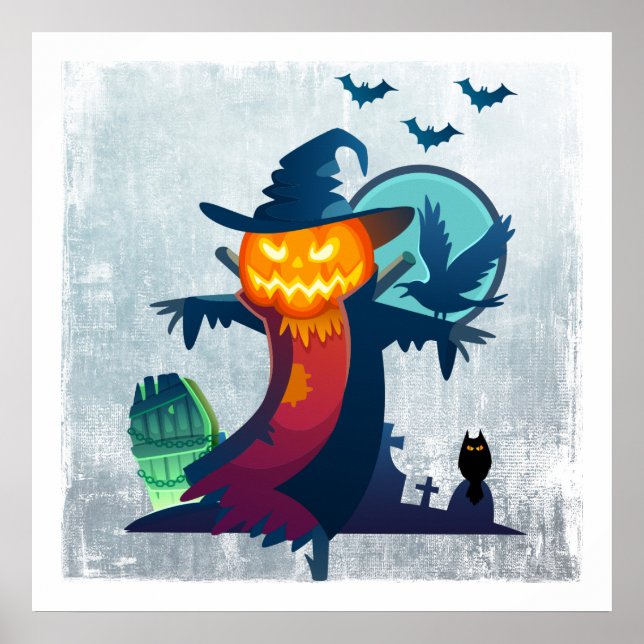 Halloween Scarecrow With Bats Crow And Owl Poster (Front)