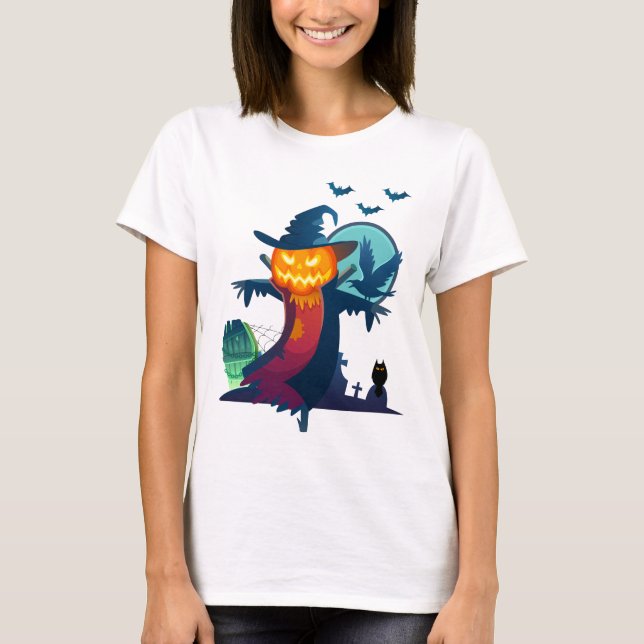 Halloween Scarecrow With Bats Crow And Owl T-Shirt (Front)