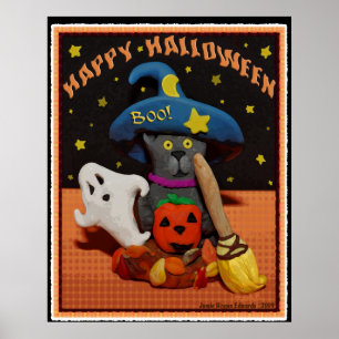 Halloween Scared Cat Art Poster